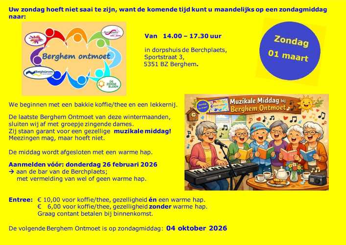 Laatste keer Berghem ontmoet met muzikale middag; aanmelden tot 26 februari!