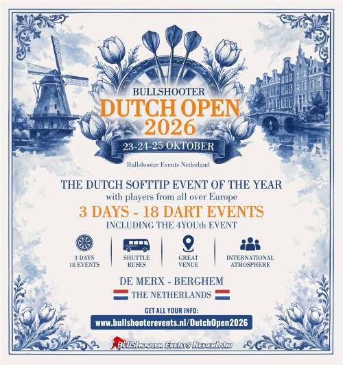 BullshooterDutch Open 2026 dit weekend bij de Merx; Het softtip dartstoernooi Nederland!