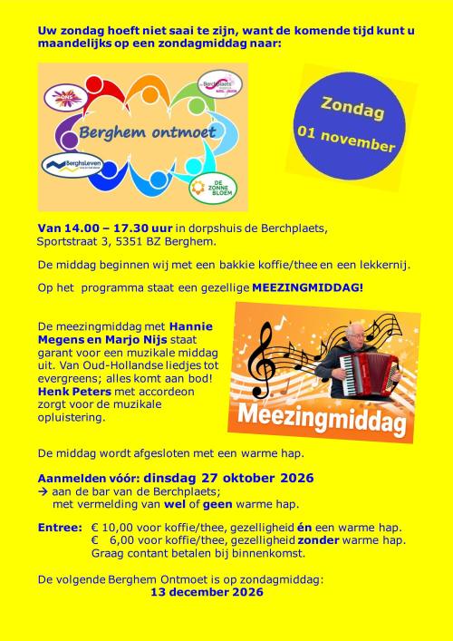 Meezingmiddag bij Berghem Ontmoet; Aanmelden vóór: dinsdag 27 oktober!